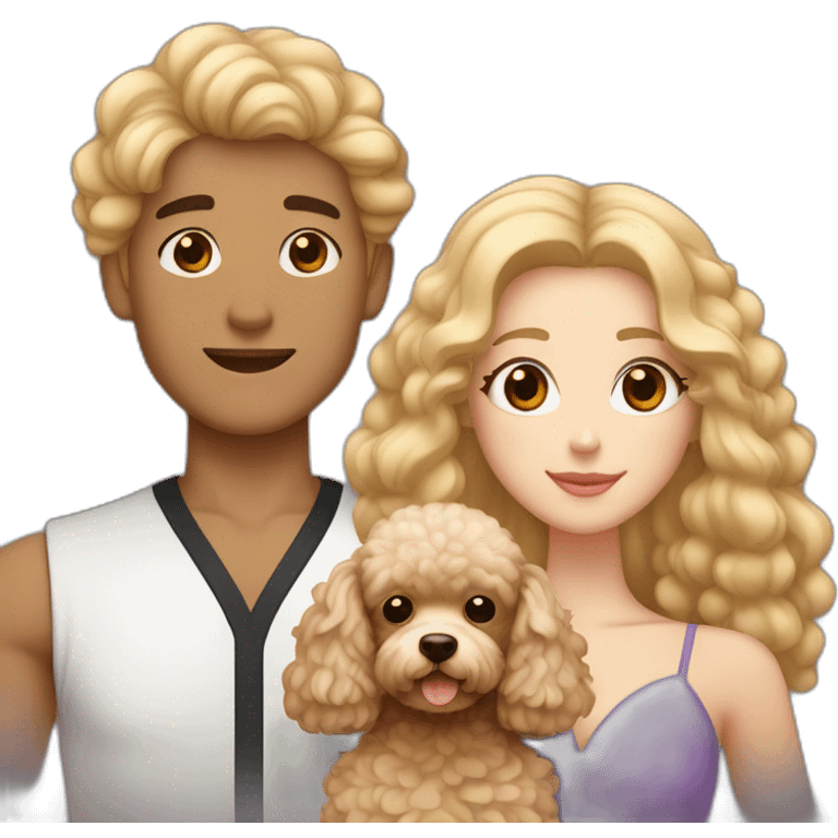 A couple consisting of asian korean man with dark eyes and long curly hair tanned skin and white girl with long straight blonde hair and brown eyes with brown toy poodle emoji