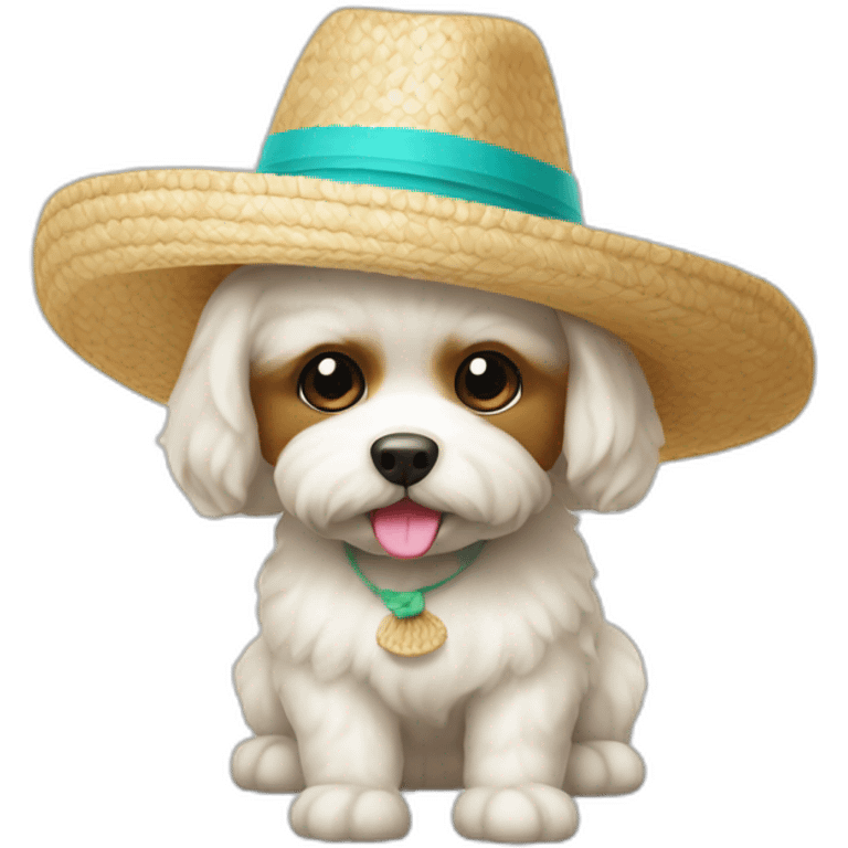 Bichón maltés en la playa y sombrero  emoji