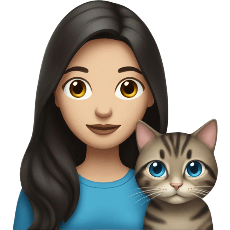 Woman with dark long hair and blue eyes holding a tabby cat  emoji