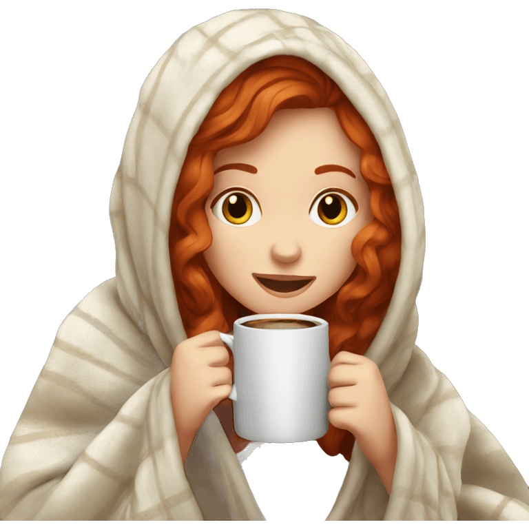 Redhead girl in cozy blanket drinking coffee  emoji