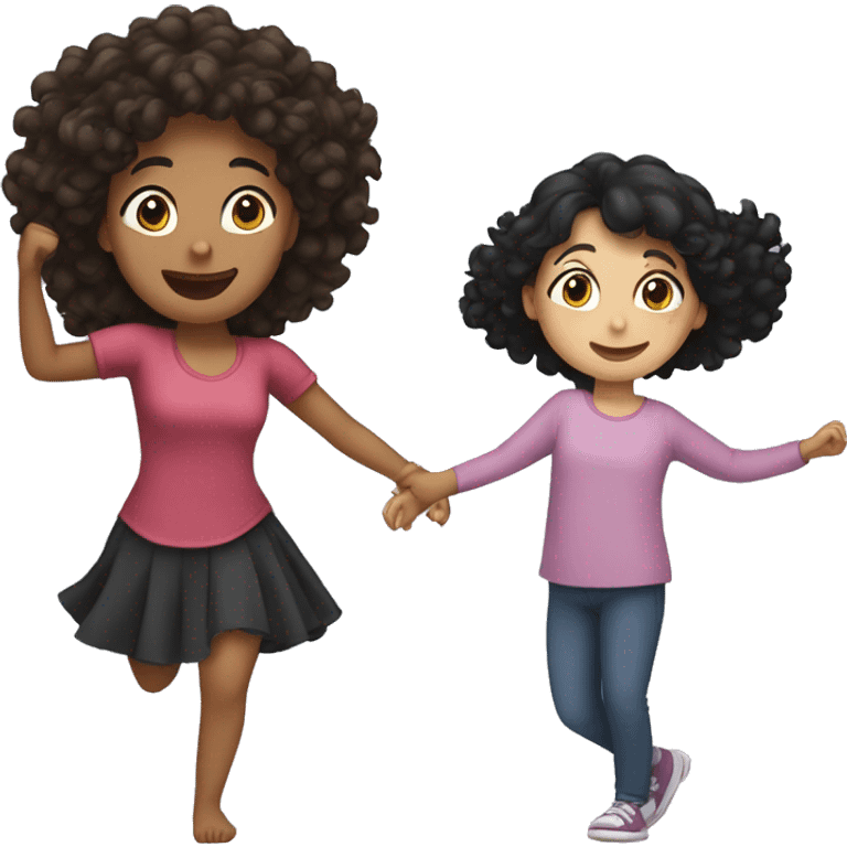 Girl with brown curly hair dancing with Mum with black hair emoji