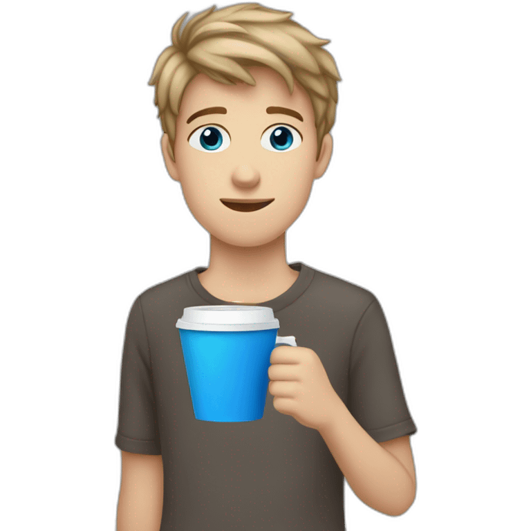 white blue eyed teen boy with dark blonde hair with a disposable cup of coffee in his hands emoji