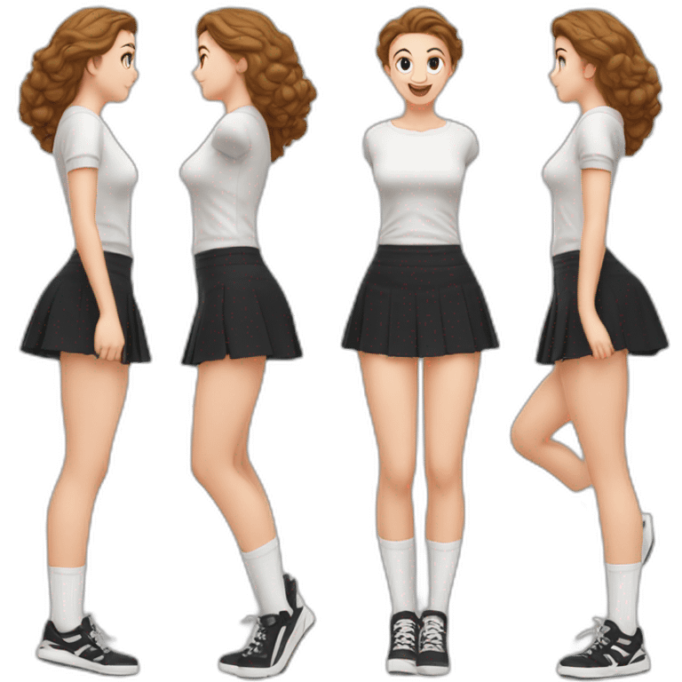 full-body-caucasian-curvy-beauty-jumping-short-black-skirt-back-and-front-views-strong-wind-knickers-long-white-socks emoji