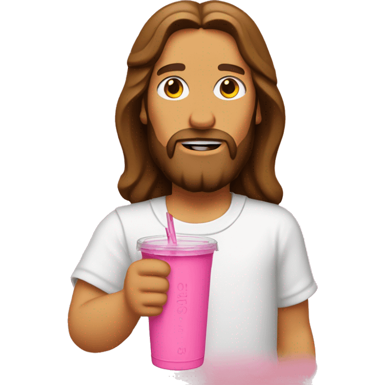 Jesus drinking a pink Stanley tumbler with a lid and a straw emoji