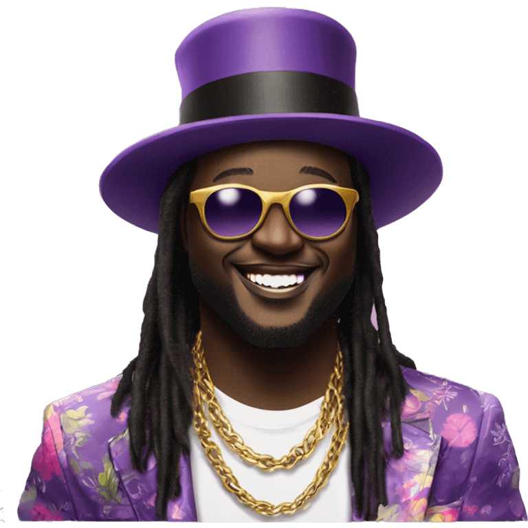 T-Pain: A charismatic figure in a purple top hat, floral jacket, sunglasses, and gold-toothed grin. Long dreads, white tee, and chain complete the look. Fun and approachable, they’re pure party energy. emoji