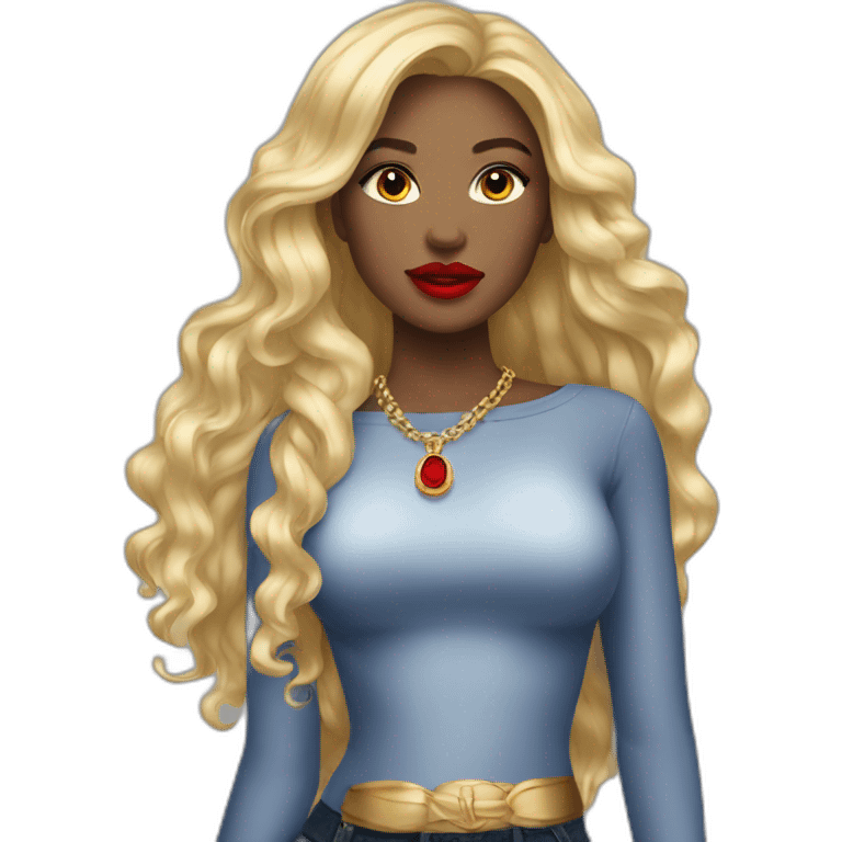 woman, big blonde long hair, gold jewerly, red lipstick emoji