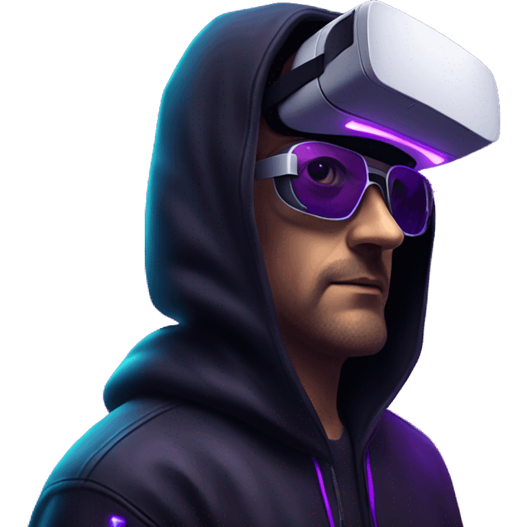 Russian man wearing a black hoodie with "OMG" letters on it and VR headset in a cyberpunk VR environment with violet neon lighting. emoji