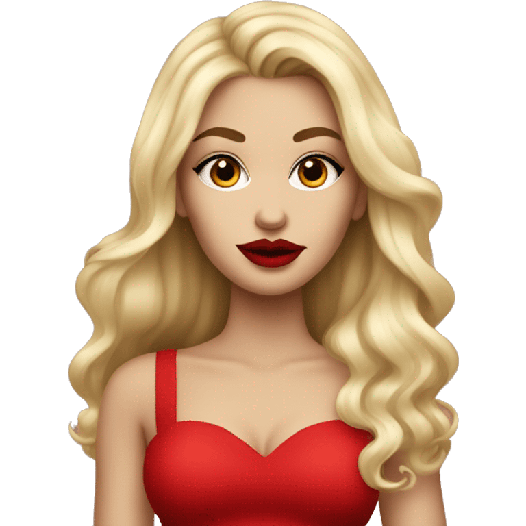 A heavily make-up blond girl with big red lips and in red skirt emoji