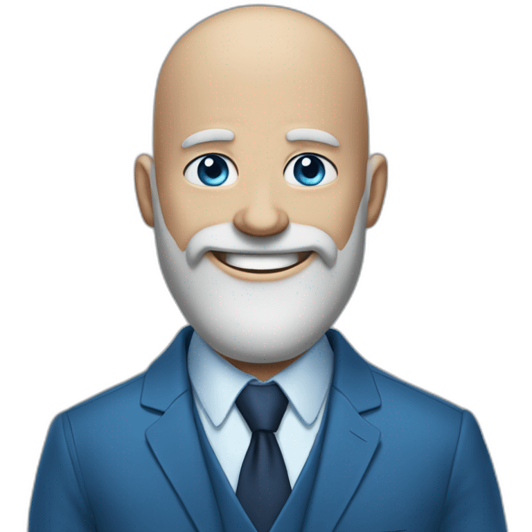 blue-eyed full smile aching bald man with a long beard in a blue suit emoji