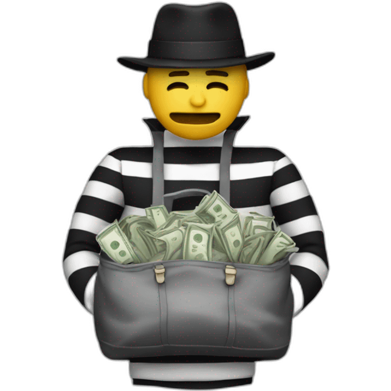 A man with a bag of money, in striped clothes and his eyes are closed with a black bandage, and on top is a black hat emoji