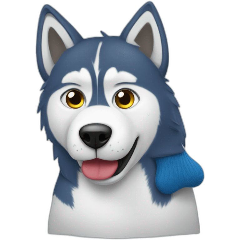 Confused husky chewing a blue sock emoji