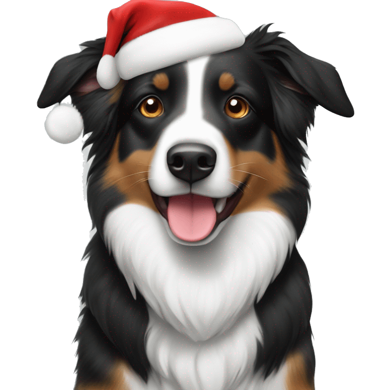 Black and white australian shepherd with santa hat emoji