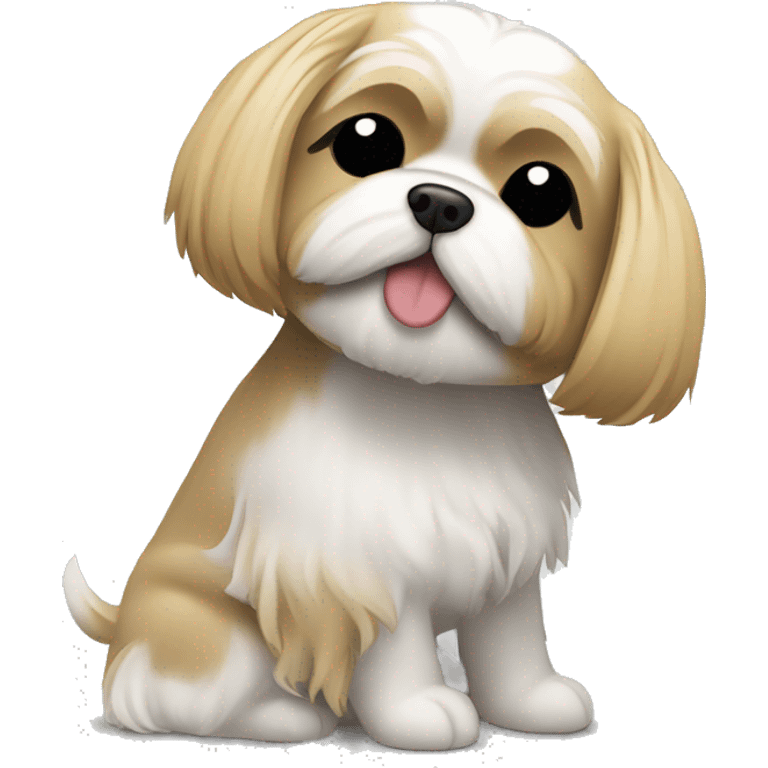 “The owner, with a blonde bob haircut, is hugging her sand-and-white-colored Shih Tzu.” emoji