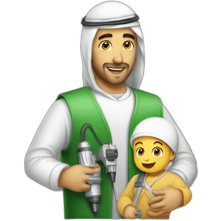 smiling-arab-man-with-crying-baby-and-electric-drill emoji