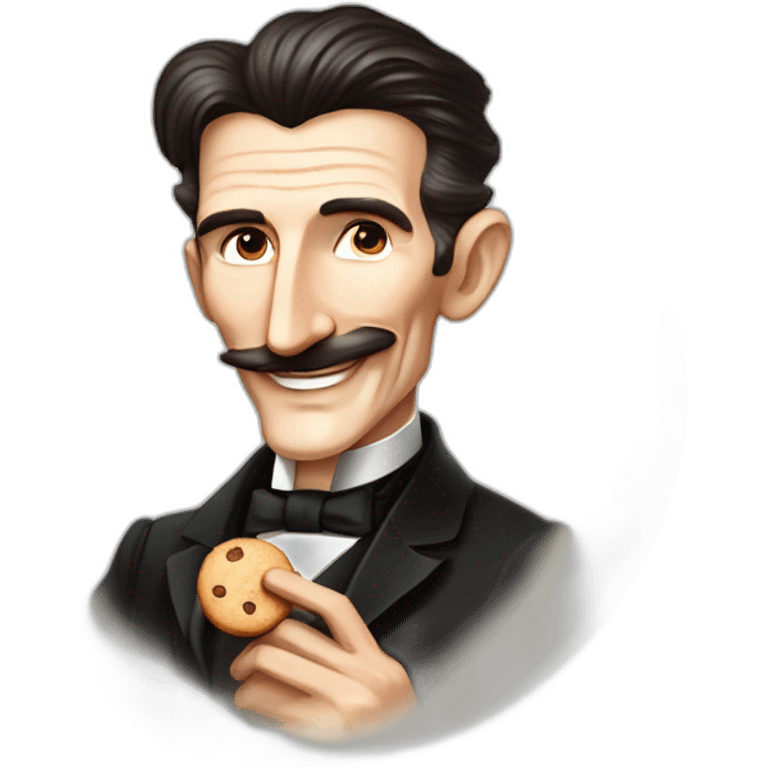 elongated illustration of nikola tesla, side portrait, smiling, pixar style, holding a round cookie i right hand emoji