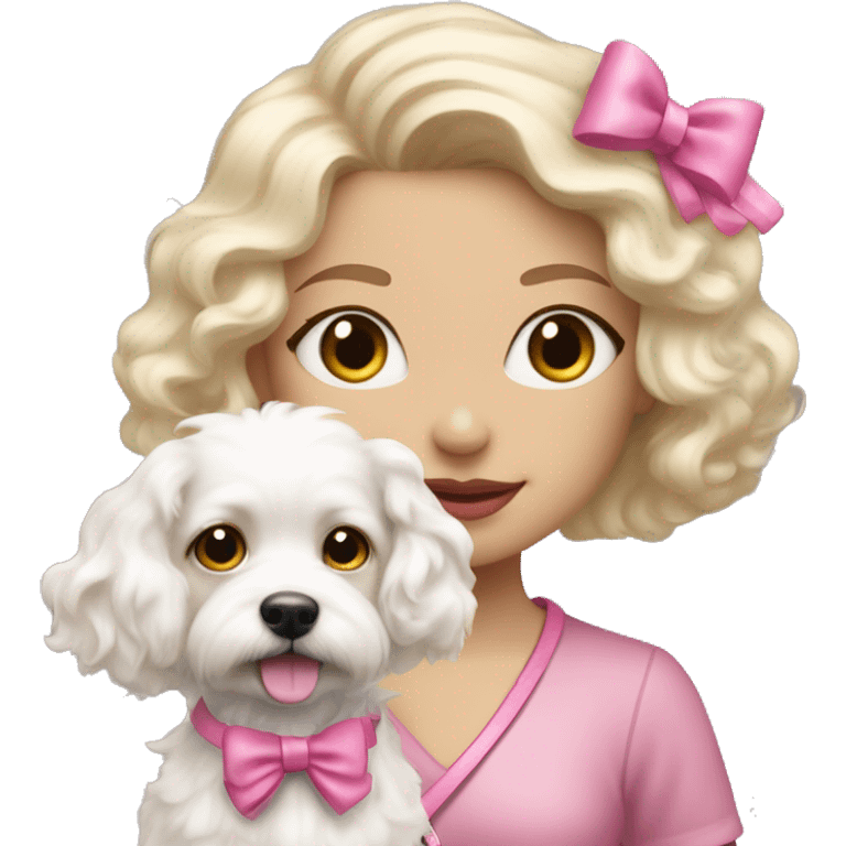 blonde girl with wavy hair and soft pink lips taking a little fluffy white dog for a walk with a pink bow and leash  emoji