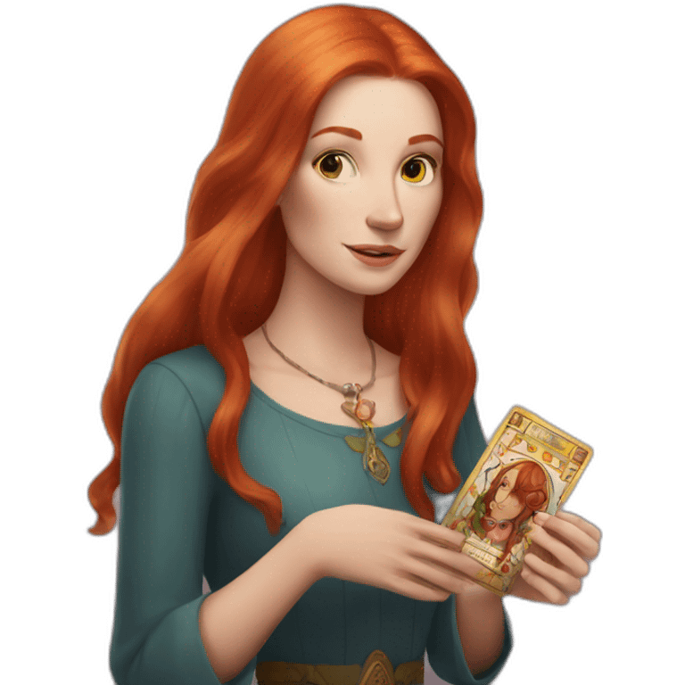 redhead white woman medium long straight hair, holding a tarot card in her hand emoji