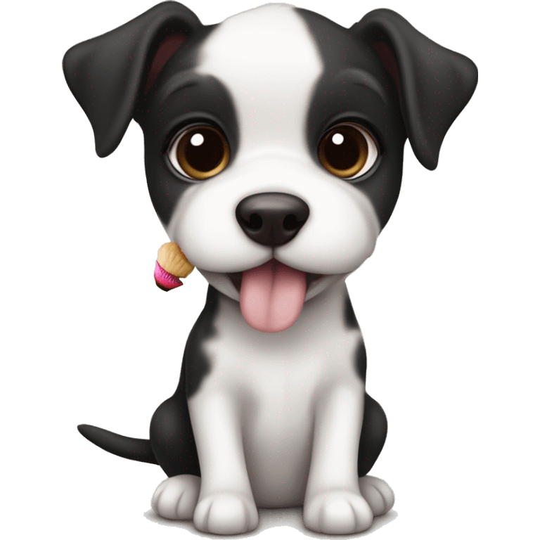 Cute big eyed Black and white teddy Roosevelt terrier puppy (no brown) eating a cupcake emoji