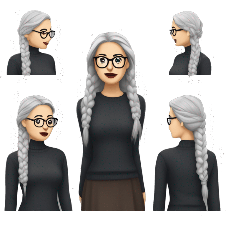 Attractive Caucasian woman with long straight grey hair worn in a side braid, wearing wire frame glasses, dark red lipstick, and a sweater, she has a slightly upturned nose emoji