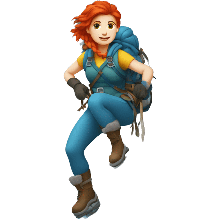 red hair female winter mountaineer climbing with Easter eggsbasket and Greek flag emoji