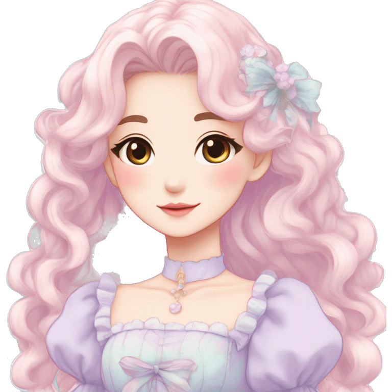 Gorgeous pastel anime style lady with blushing face and a dress cottagecore fairycore pastelcore colorful pearly romantic simplistic aesthetic trending style emoji