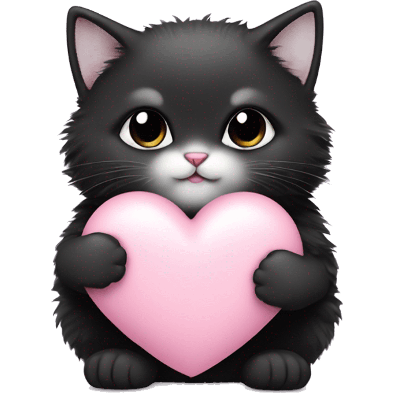 black fluffy fat kitten holding pale pink heart emoji