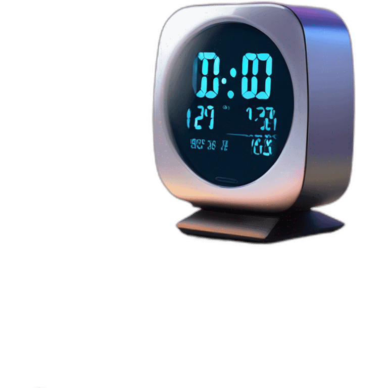 Create a sleek, modern alarm clock with a holographic display, set on a nightstand in a futuristic bedroom emoji