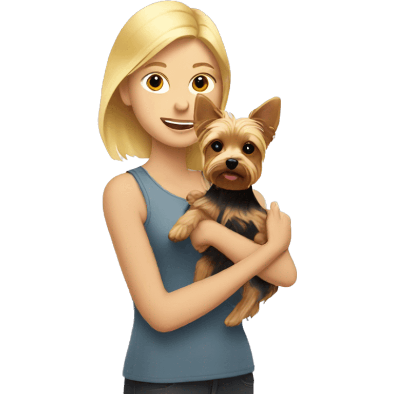 Blonde woman holding yorkie in sunlight emoji