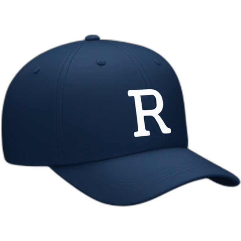 a navy baseball cap with a small white letter R on the front, seen from the side emoji