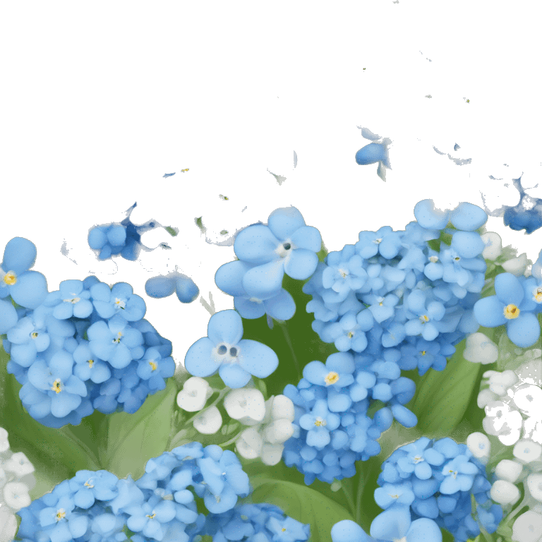 detailed bouquet of baby breaths, delphiniums, forget me nots, and blue hydrangeas  emoji