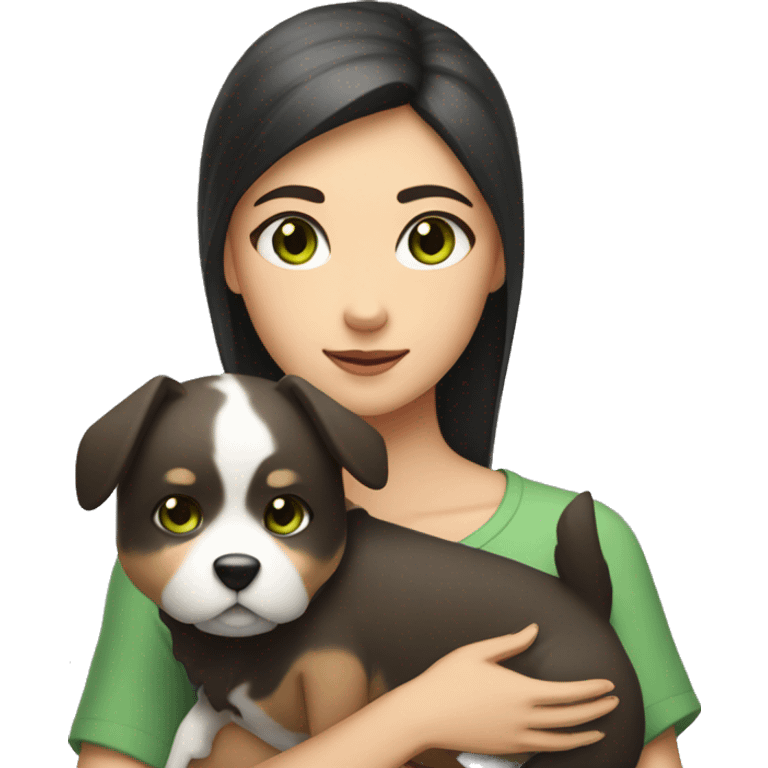 a girl with green eyes and dark hair holds a Shibu Inu dog in her hands emoji