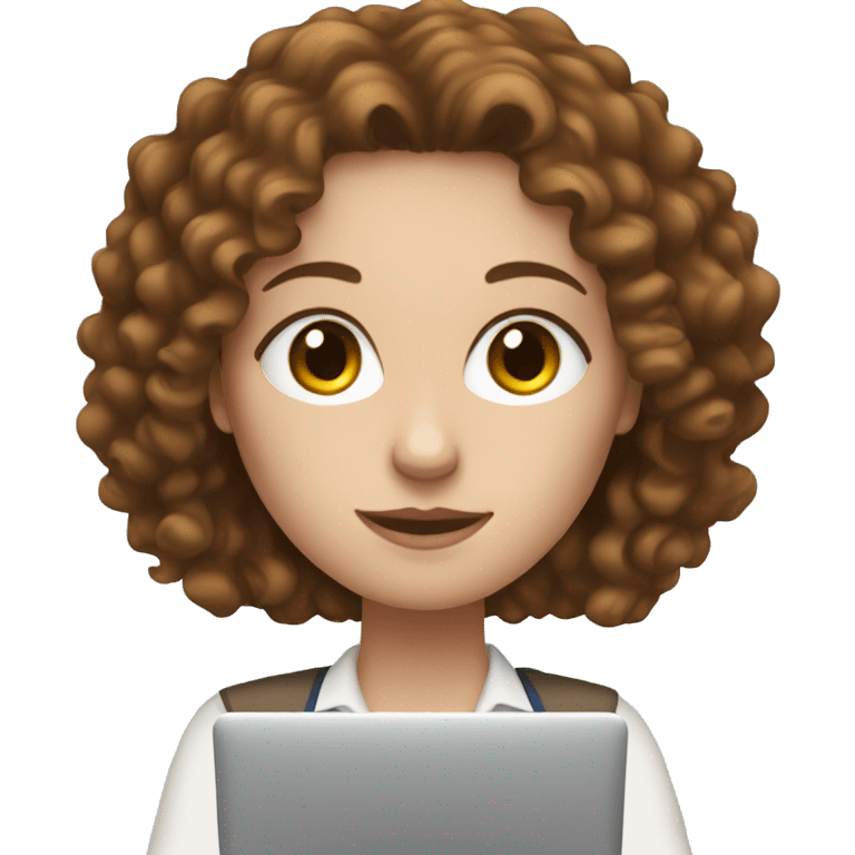 White women with the brown curly hair and blue eyes work at the laptop  emoji