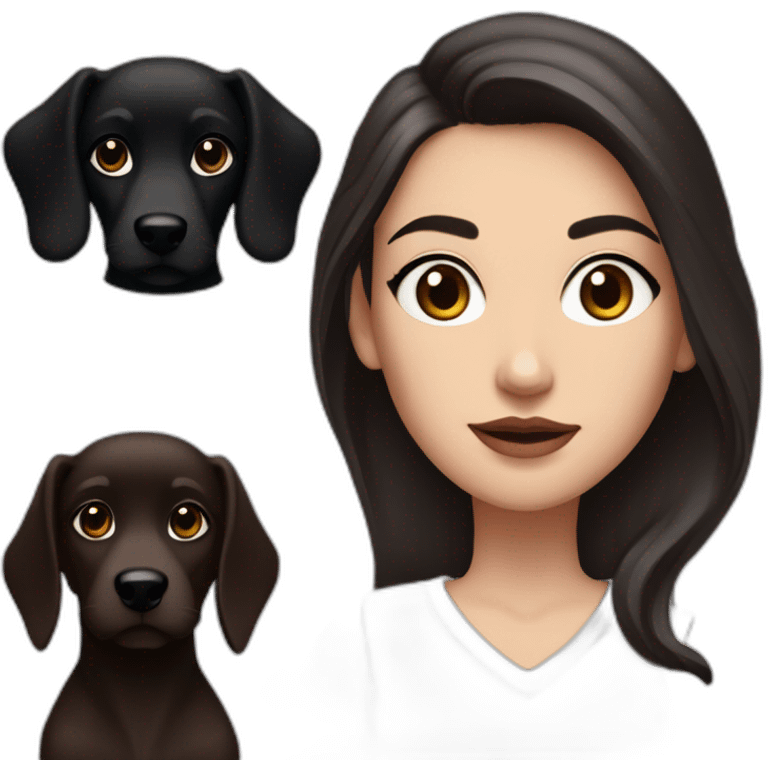 White women with long dark brown hair and long eyelashes dark brown eyes and thick dark brown eyebrows and Black dog with a white stripe on the neck with pointed ears raised up emoji