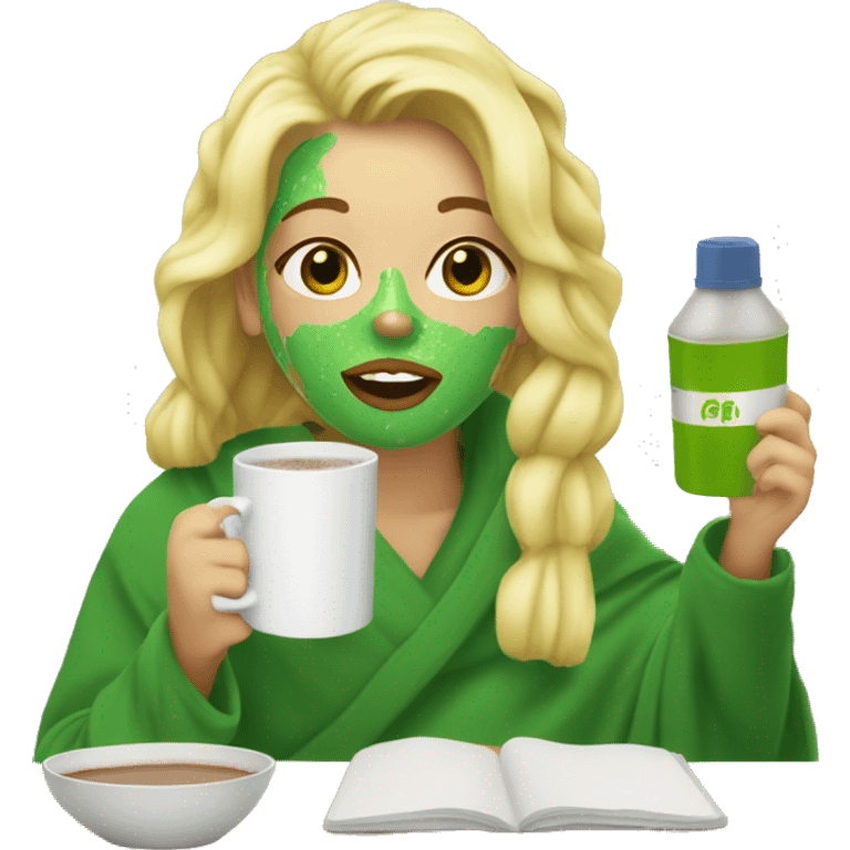 A girl with blonde hair with a green face scrub rapped in a towel drinking hot cocoa emoji