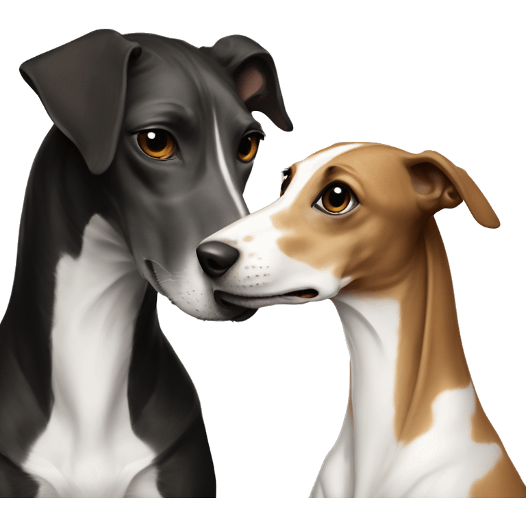 Two aristocrat dog black and white galgo kiss with women with brown hair  emoji