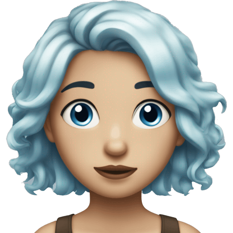 a girl with messy light blue hair, a mole under her mouth, and beautiful with blue eyes emoji