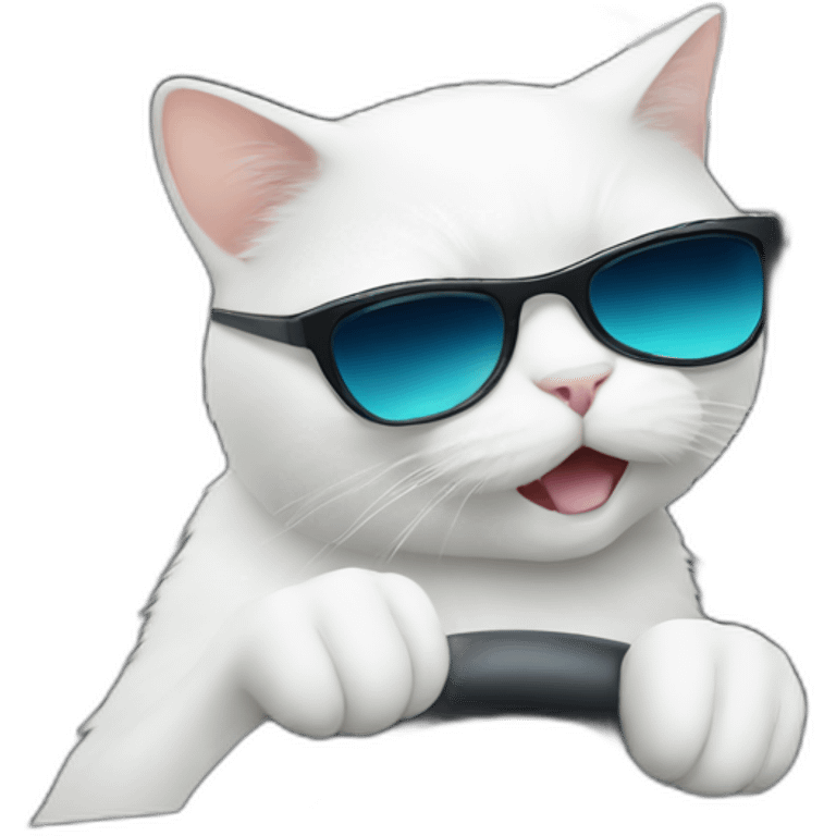 White cat with sunglasses driving a car emoji