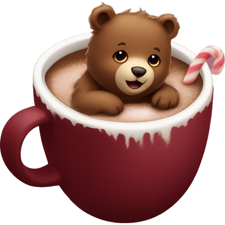 Baby bear inside of a cup of hot cocoa. Burgundy colored cup.  emoji