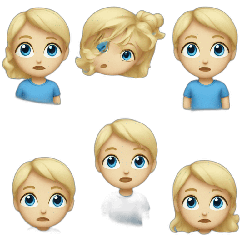 A baby with blond hair, blue eyes and a blue t-shirt and a sad face emoji