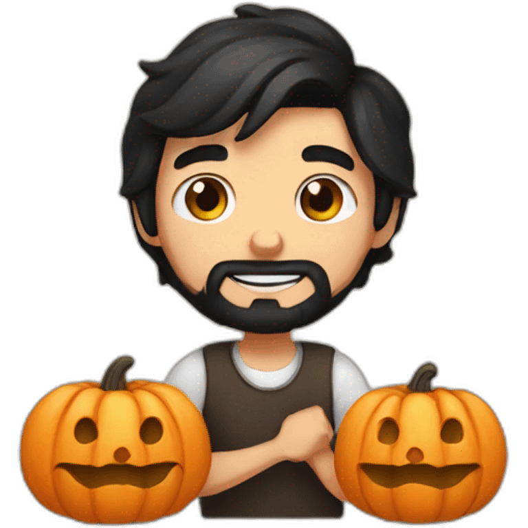 Guy with black hair and a short beard painting pumpkins emoji