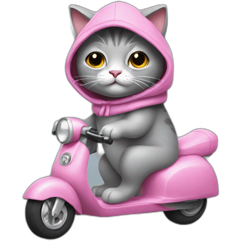 A gray stuffed cat. This cat is wearing a sleeveless sweater with a pink hood. He rides a scooter. emoji