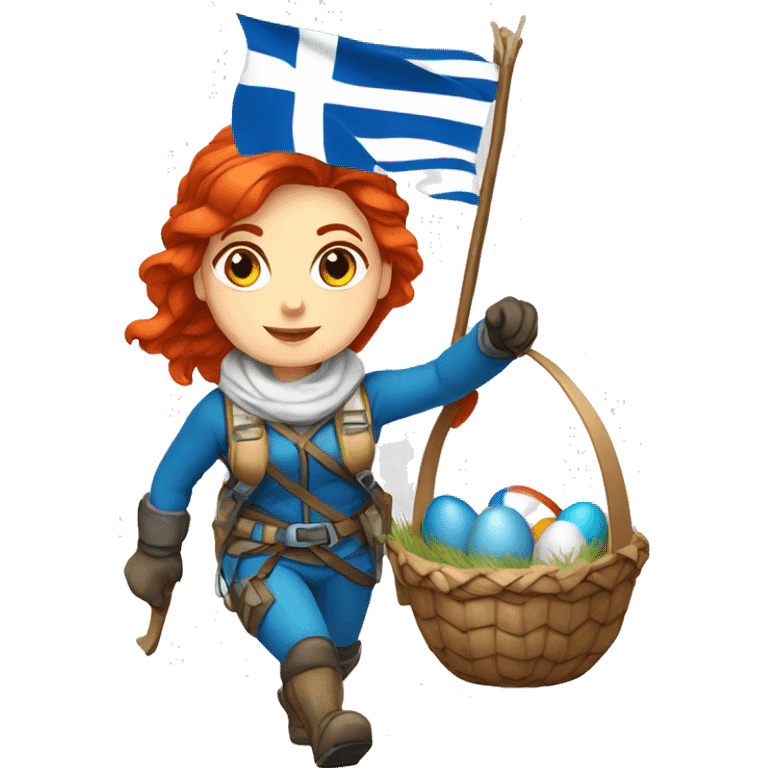 Greek Female winter mountaineer red hair white skin climbing with Greek Flag and Easter eggs basket emoji