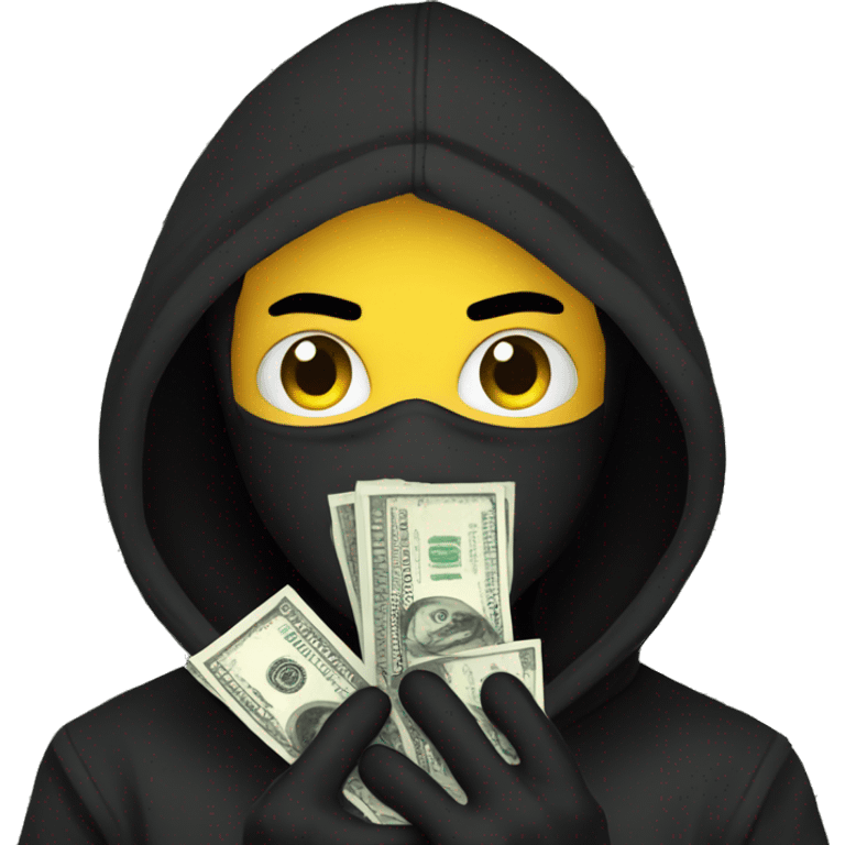 ninja in black hoodie and black mask with dollars in his hands emoji