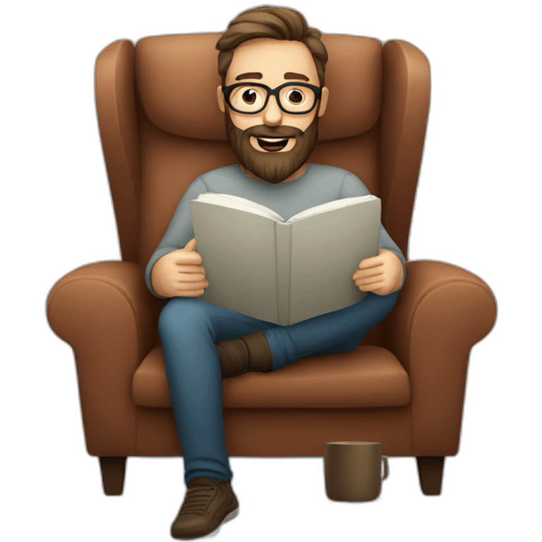 Bearded man, glasses, armchair, Reading at home, drinking a coffee, relax emoji