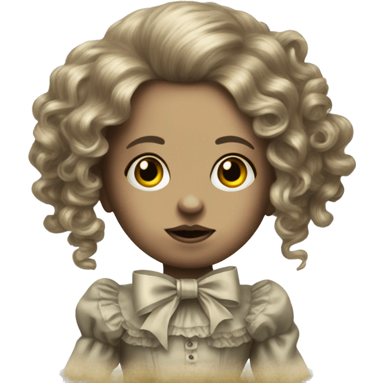 creepy antique victorian doll with long curly hair and a bow emoji