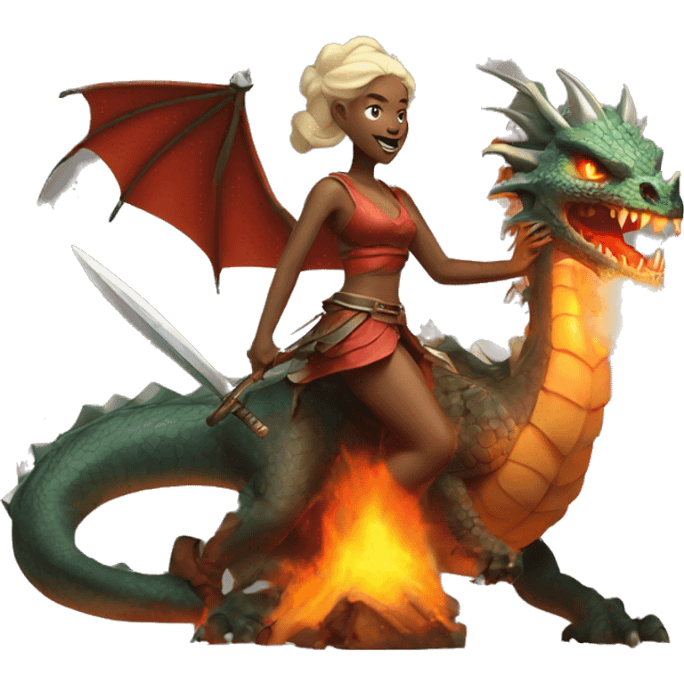 Beautiful folk lady with a battle axe warrior flying on a fire breathing dragon emoji