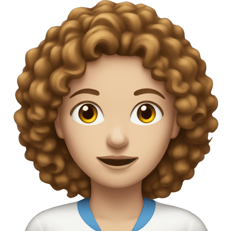 White women with the brown curly hair and blue eyes work at the laptop  emoji