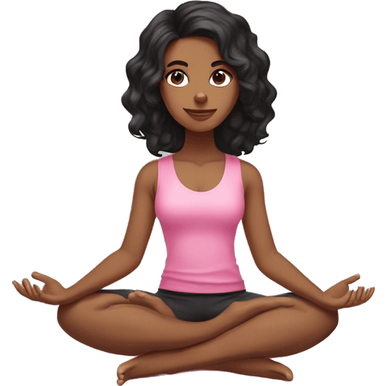 Long wavy BLACK hair LIGHT SKIN DARK BROWN EYES yoga girl wearing pink sitting on yoga mat emoji