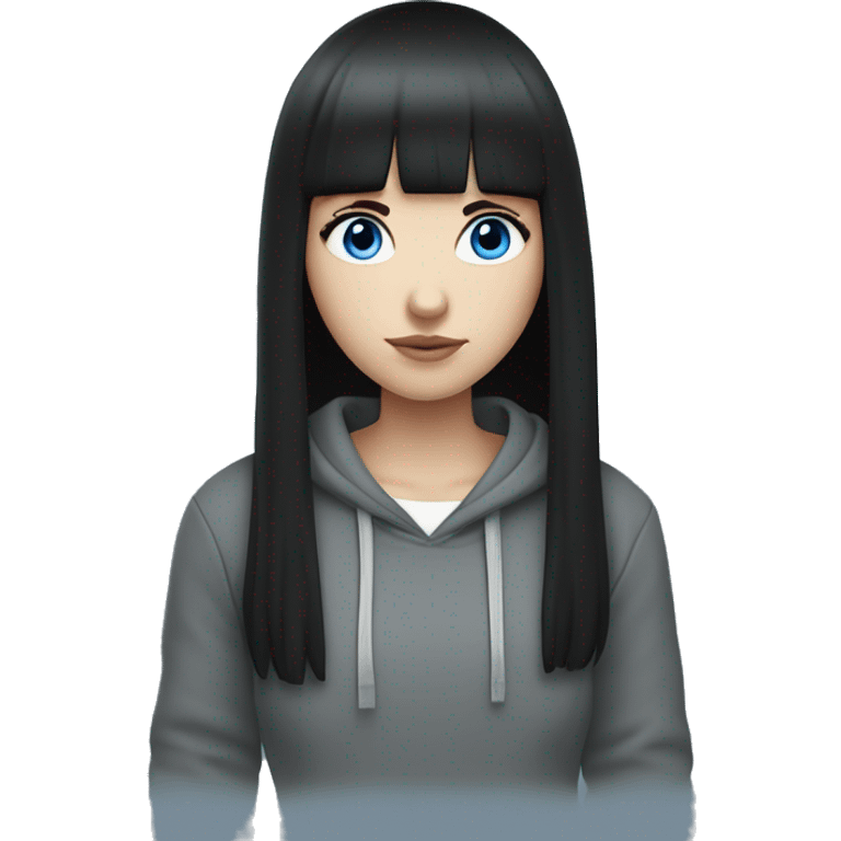 A pale girl with blue eyes. Black hair and bangs. With a black hoodie ￼￼ emoji