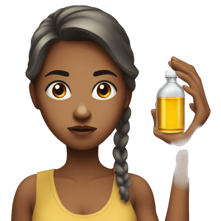 a girl looking annoyed at the phone in one hand and a oil bottle in another hand. She is beautiful but angry. emoji